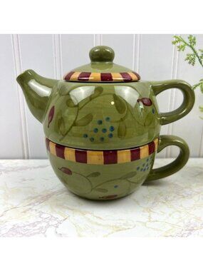 Vintage Debby Segura Olivia Green Ceramic Stackable Personal Teapot Mug Tea Set